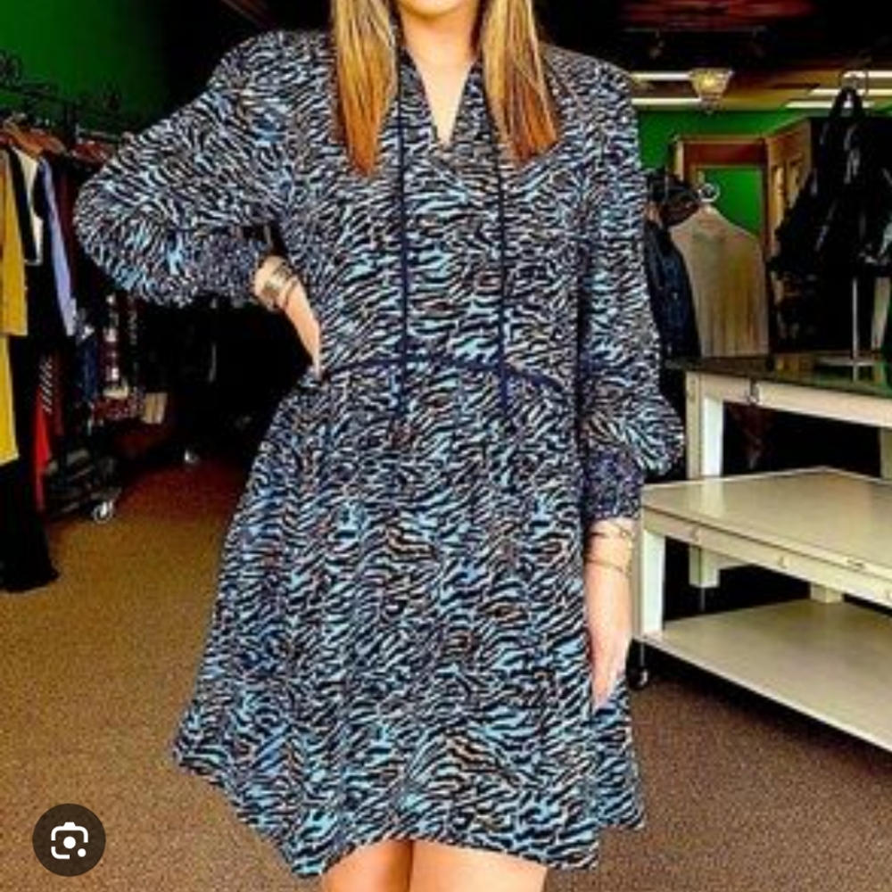 Joy Joy-Blue Animal Patterned Long Sleeve Dress With Pockets